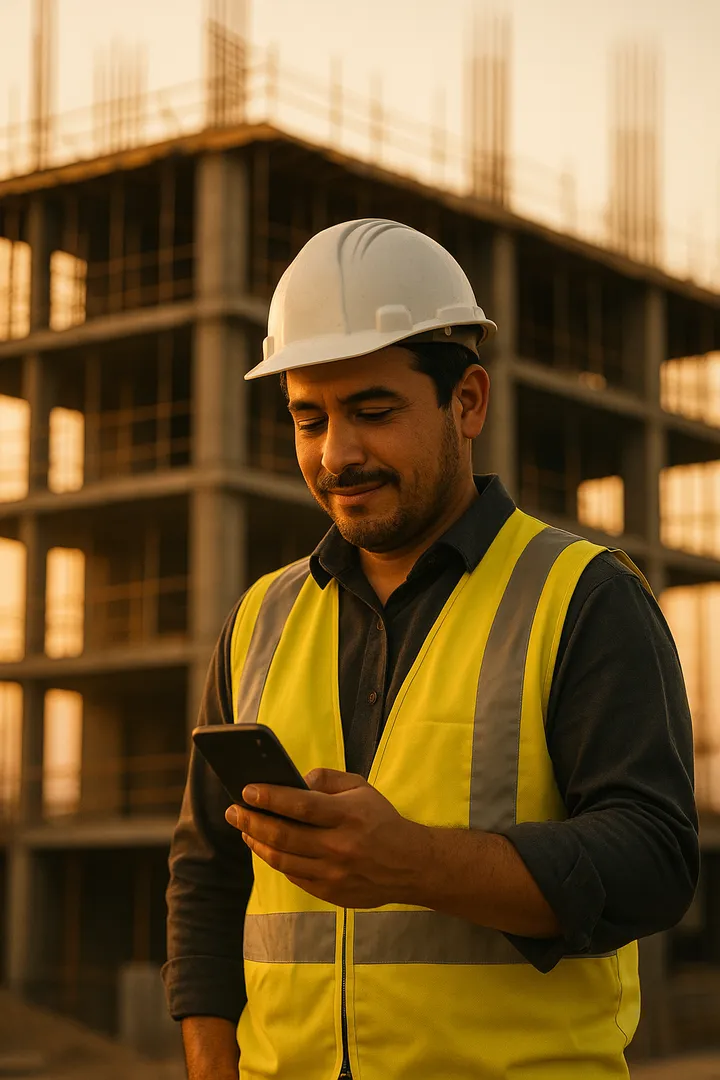Site superintendent in a hard hat and safety vest using the Petrus assistant on his phone